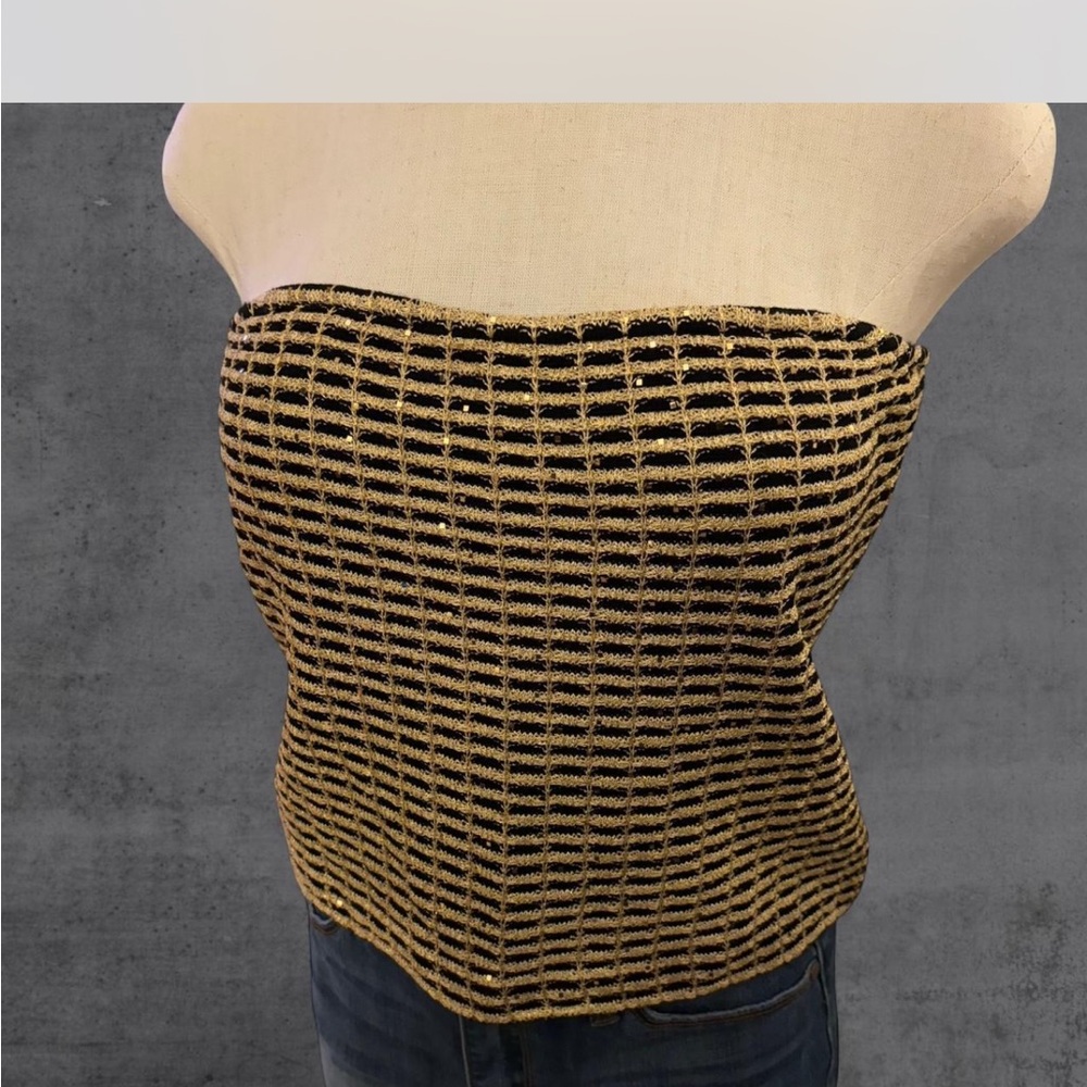 Vintage Designer‎ St. John Gold Metallic Knit Sequin Strapless Tube Top - Picture 3 of 5